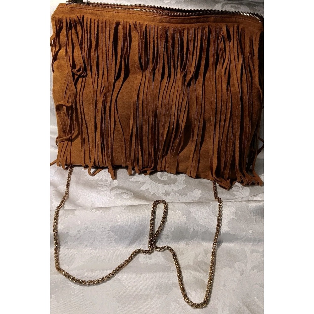 Womens  Suede Fringed Fold Over Purse Rust Hippie Boho Bag Tote Zip Chain 60's